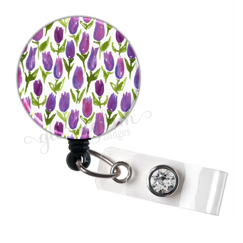 Tulip Badge Holder, Flower Badge Holder, Purple Floral Badge Reel, Watercolor Badge Holder, Watercolor Badge Reel - GG2059
